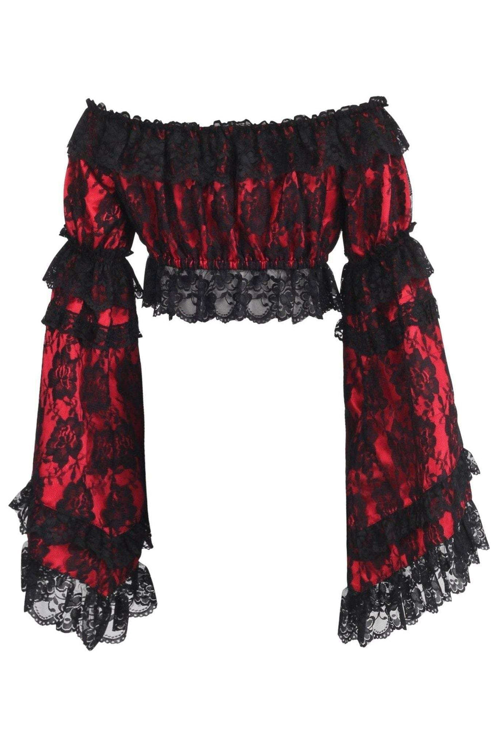 Daisy Corsets Red/Black Lace Smocked Flare Sleeve Peasant Top - Daisy Corsets - Flyclothing LLC