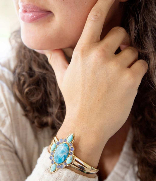 Regal Blue Apatite Mixed Stone Golden Cuff Bracelets - Barse Jewelry - Flyclothing LLC