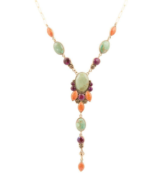 Regalia Blue Turquoise Purple and Orange Coral Golden Y Necklace - Barse Jewelry - Flyclothing LLC