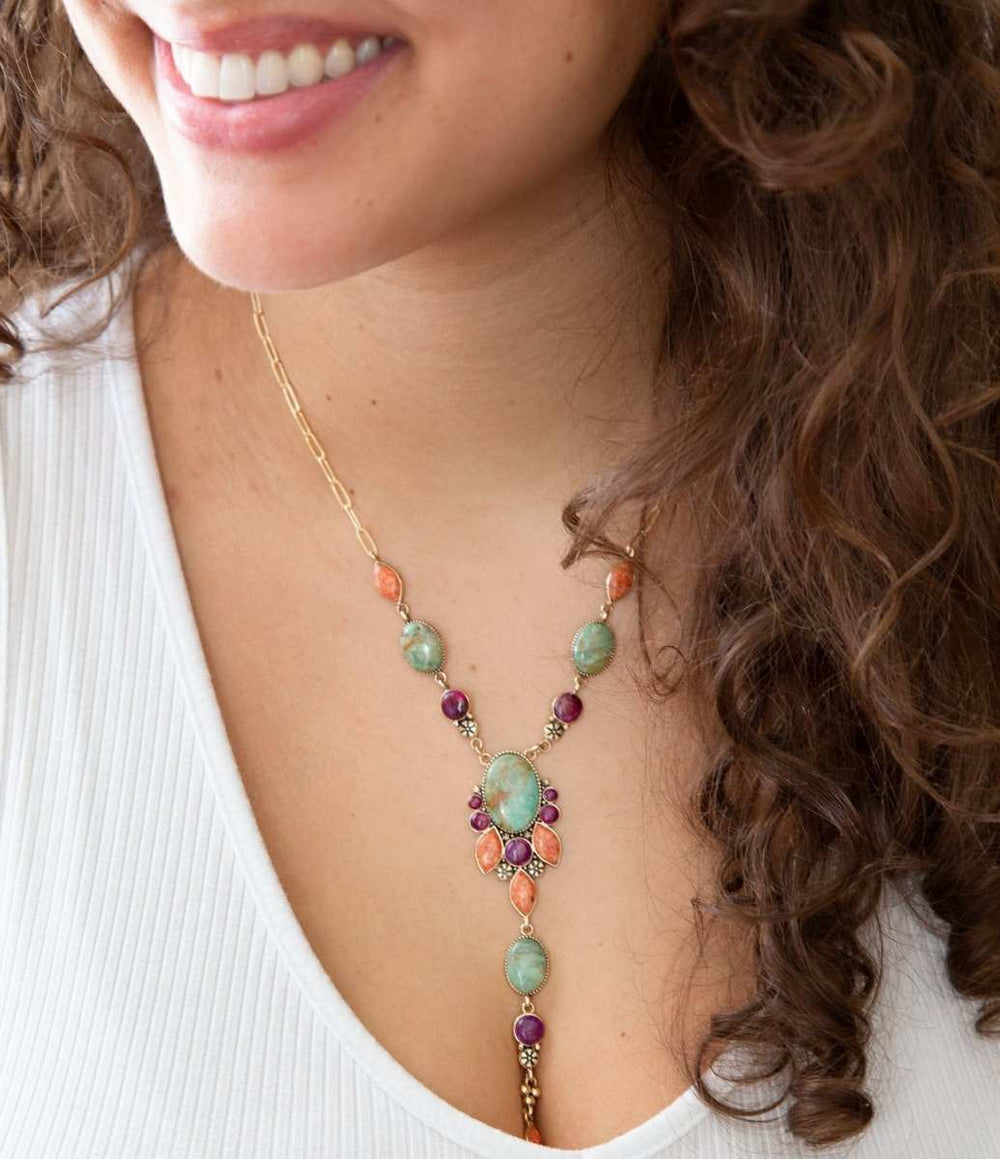 Regalia Blue Turquoise Purple and Orange Coral Golden Y Necklace - Barse Jewelry - Flyclothing LLC