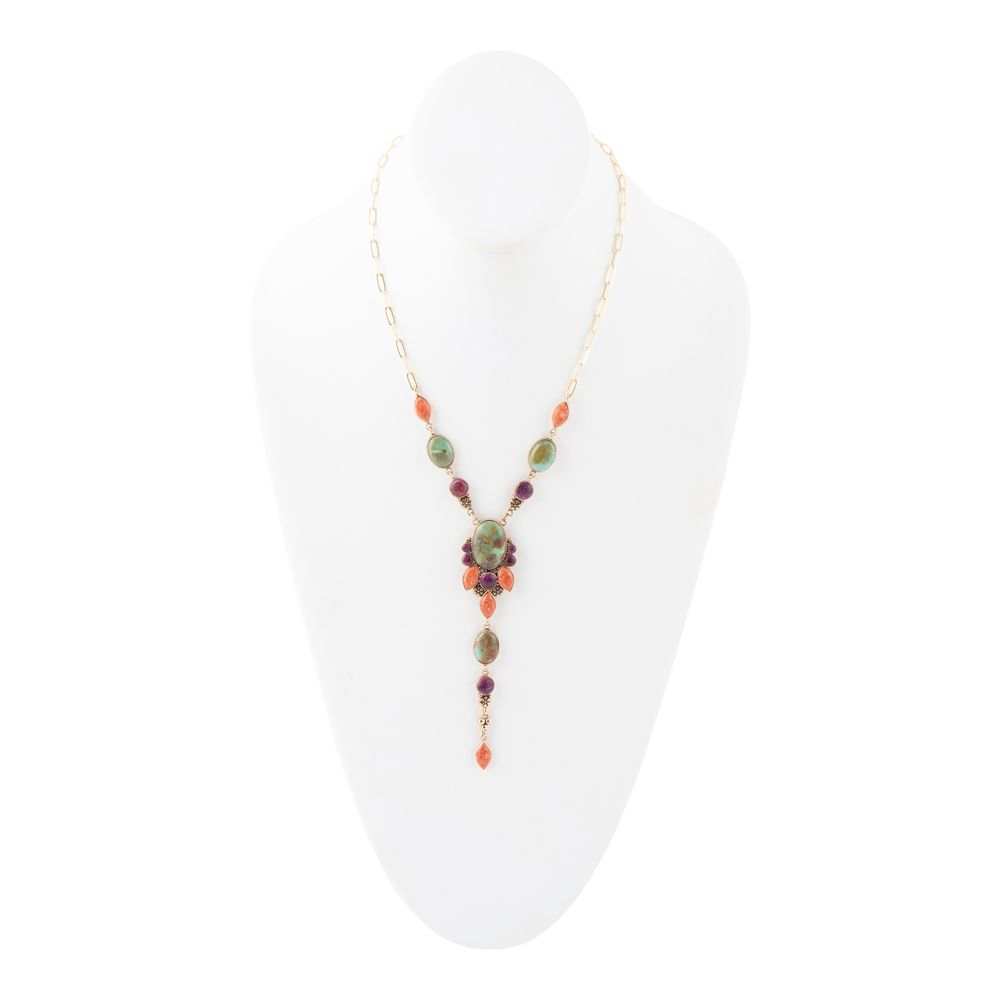 Regalia Blue Turquoise Purple and Orange Coral Golden Y Necklace - Barse Jewelry - Flyclothing LLC