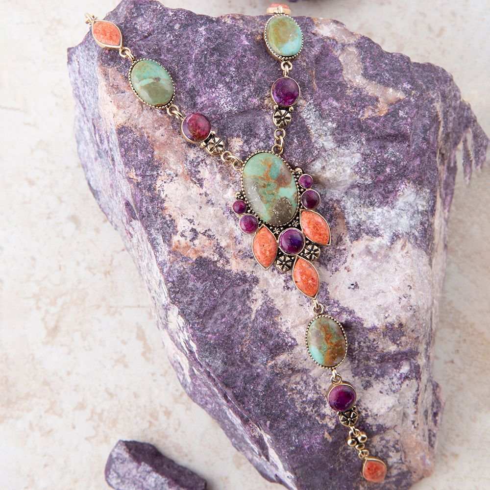 Regalia Blue Turquoise Purple and Orange Coral Golden Y Necklace - Barse Jewelry - Flyclothing LLC