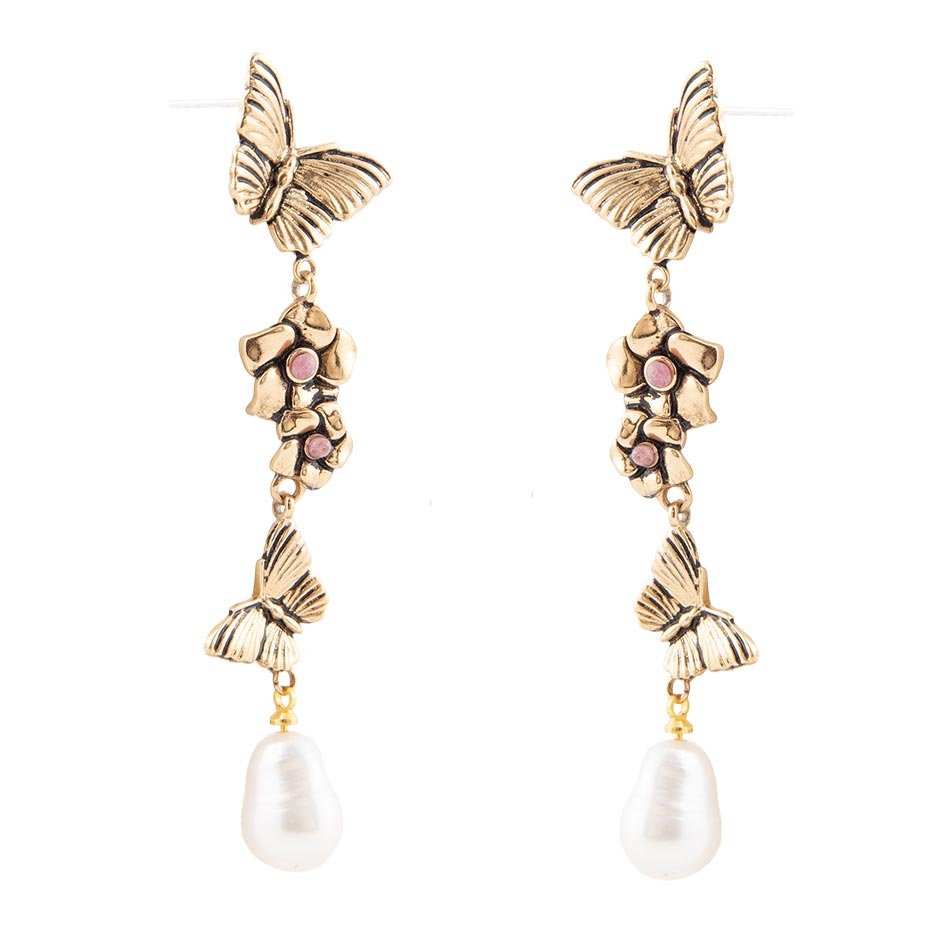 Rhodonite and White Pearl Golden Butterflies Post Drop Earrings - Barse Jewelry - Flyclothing LLC