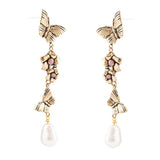 Rhodonite and White Pearl Golden Butterflies Post Drop Earrings - Barse Jewelry - Flyclothing LLC
