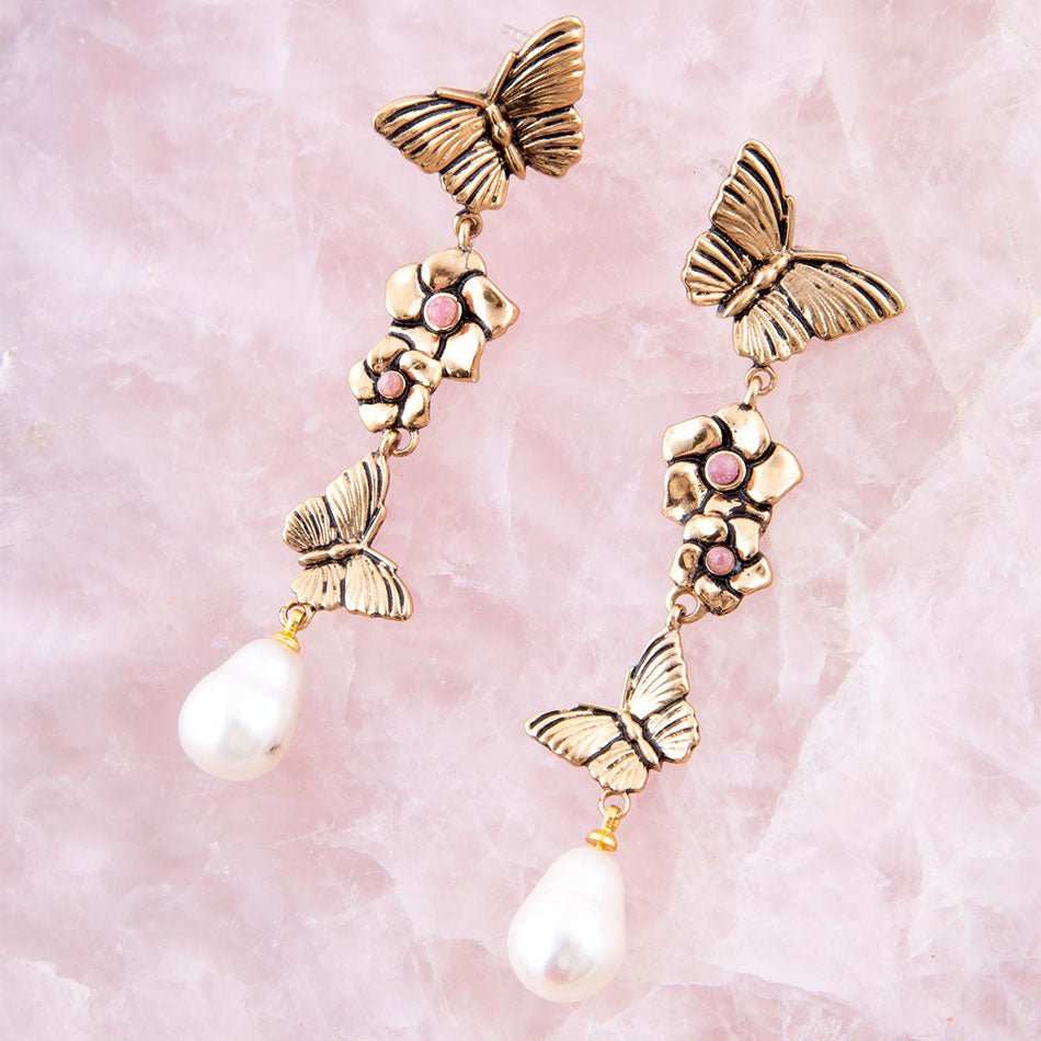 Rhodonite and White Pearl Golden Butterflies Post Drop Earrings - Barse Jewelry - Flyclothing LLC