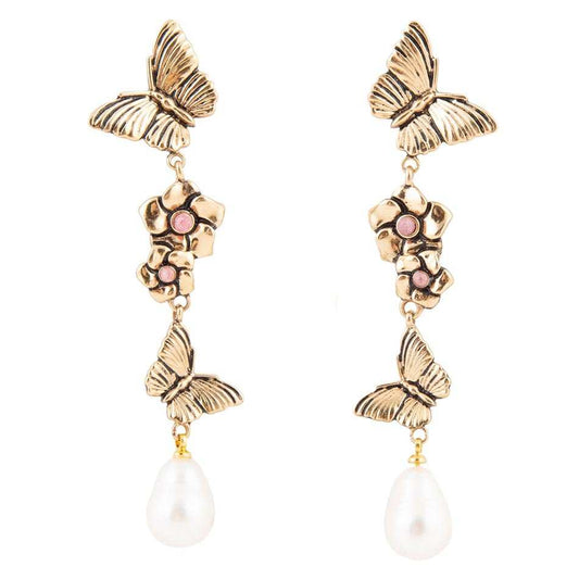 Rhodonite and White Pearl Golden Butterflies Post Drop Earrings - Barse Jewelry - Flyclothing LLC