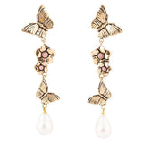 Rhodonite and White Pearl Golden Butterflies Post Drop Earrings - Barse Jewelry - Flyclothing LLC