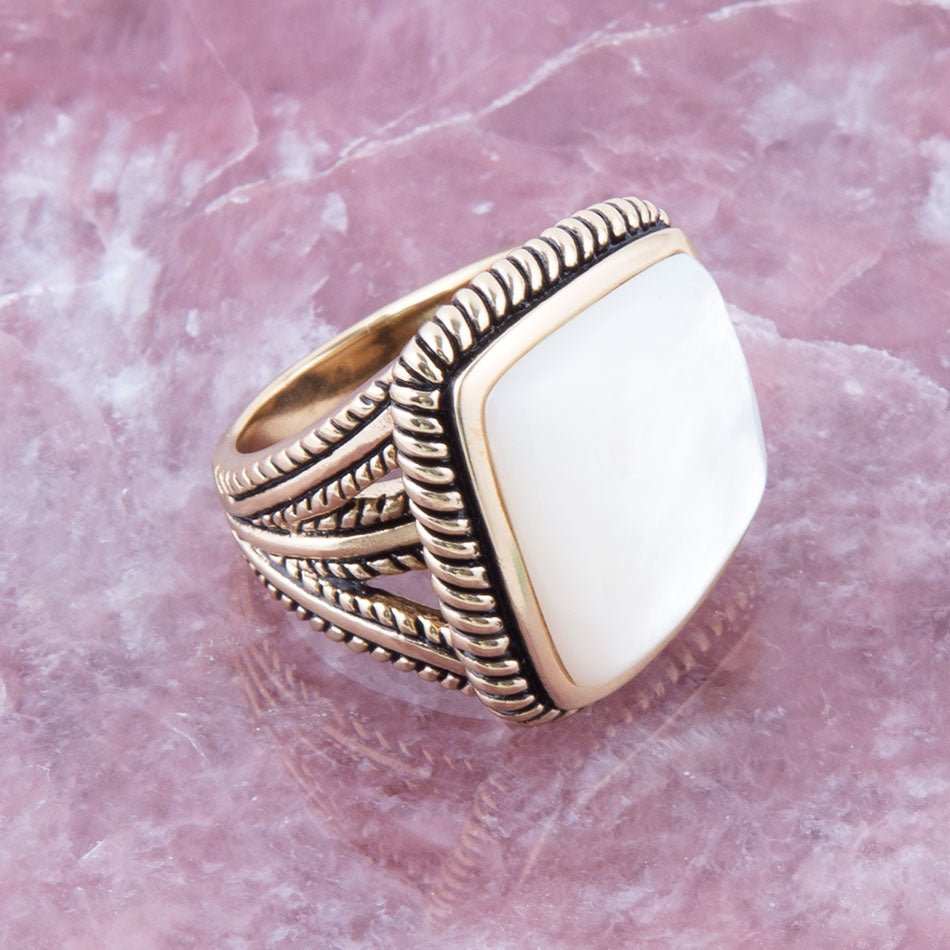 Roped White Mother of Pearl and Golden Statement Ring - Barse Jewelry - Flyclothing LLC