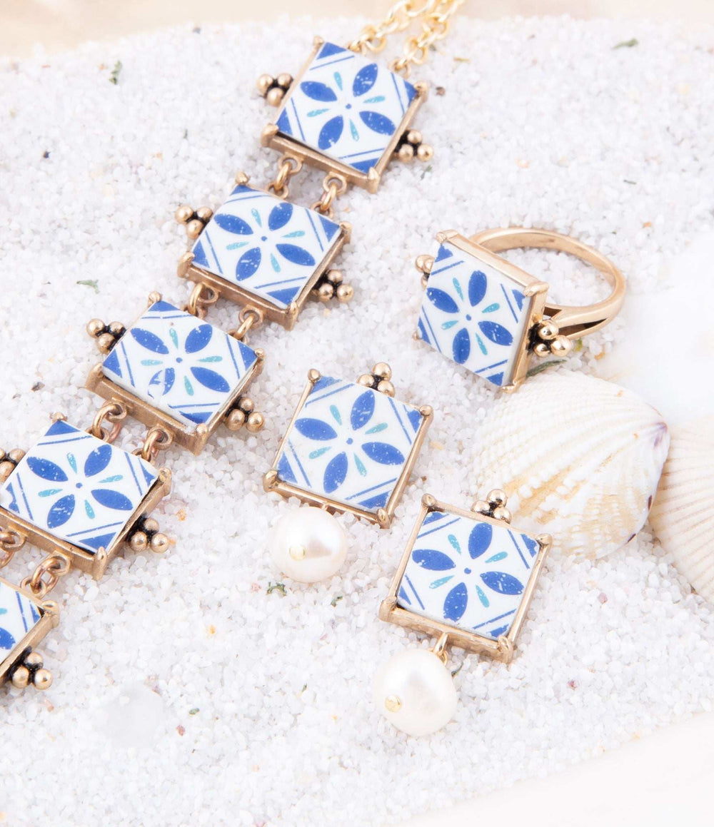 Santorini Blue and White Tile Golden Statement Ring - Barse Jewelry - Flyclothing LLC