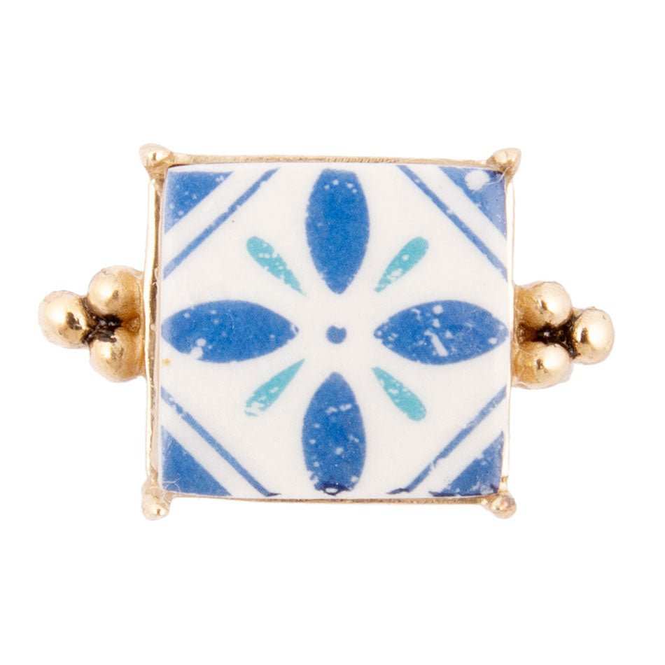 Santorini Blue and White Tile Golden Statement Ring - Barse Jewelry - Flyclothing LLC