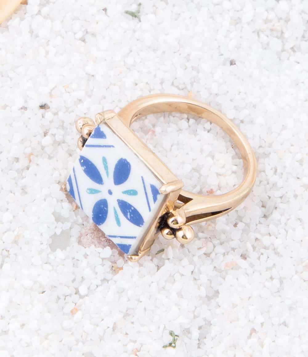 Santorini Blue and White Tile Golden Statement Ring - Barse Jewelry - Flyclothing LLC