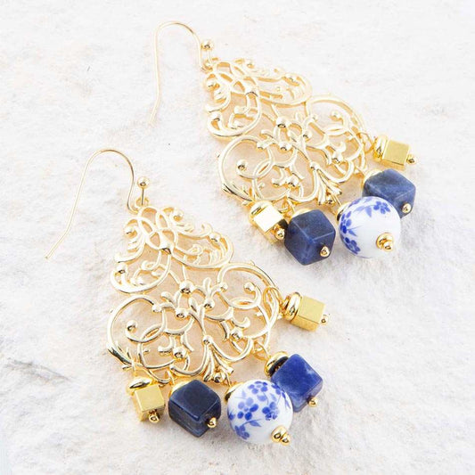 Santorini Cobalt Blue Lapis and Golden Chandelier Earrings - Barse Jewelry - Flyclothing LLC