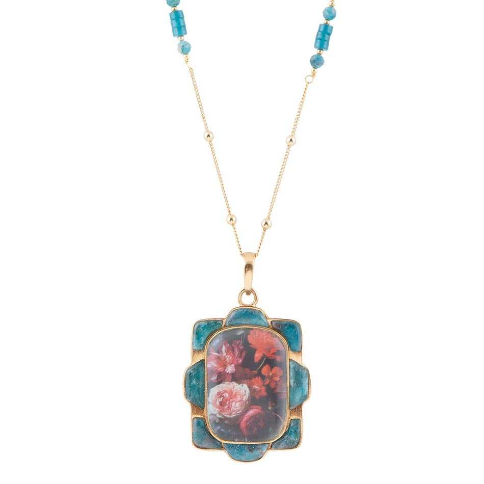 Scenic Red Florals Blue Apatite Golden Pendant Necklace - Barse Jewelry - Flyclothing LLC