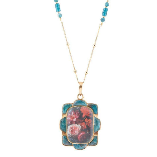 Scenic Red Florals Blue Apatite Golden Pendant Necklace - Barse Jewelry - Flyclothing LLC