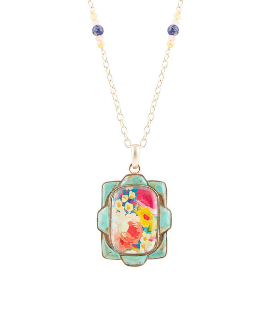 Scenic Floral and Blue Turquoise Golden Pendant Necklace - Barse Jewelry - Flyclothing LLC