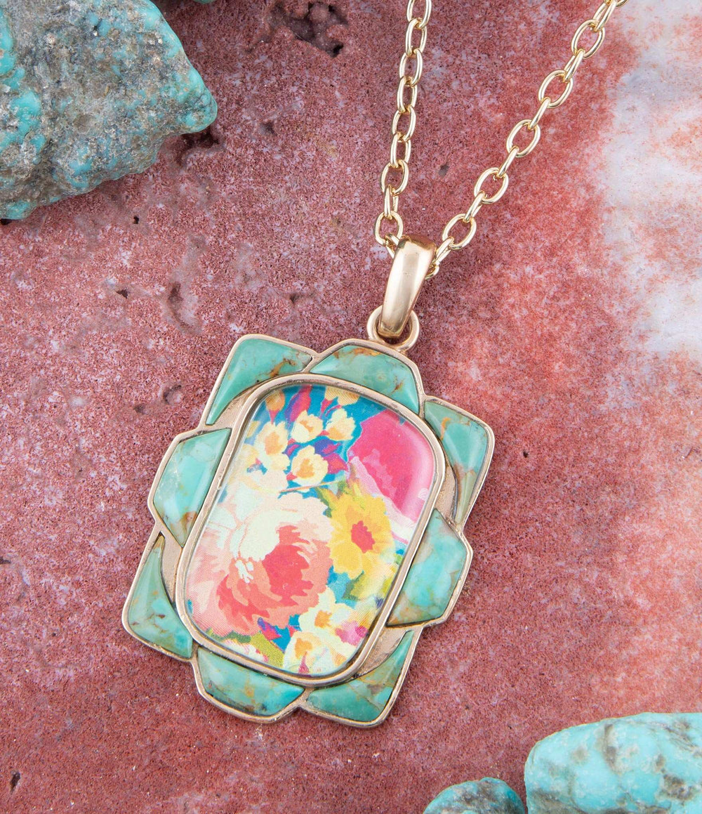 Scenic Floral and Blue Turquoise Golden Pendant Necklace - Barse Jewelry - Flyclothing LLC