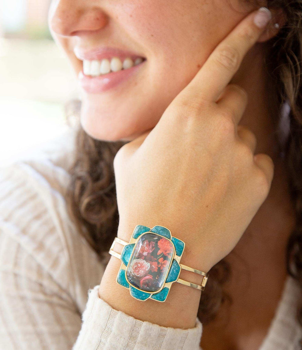 Scenic Red Floral Blue Apatite Golden Cuff Bracelet - Barse Jewelry - Flyclothing LLC