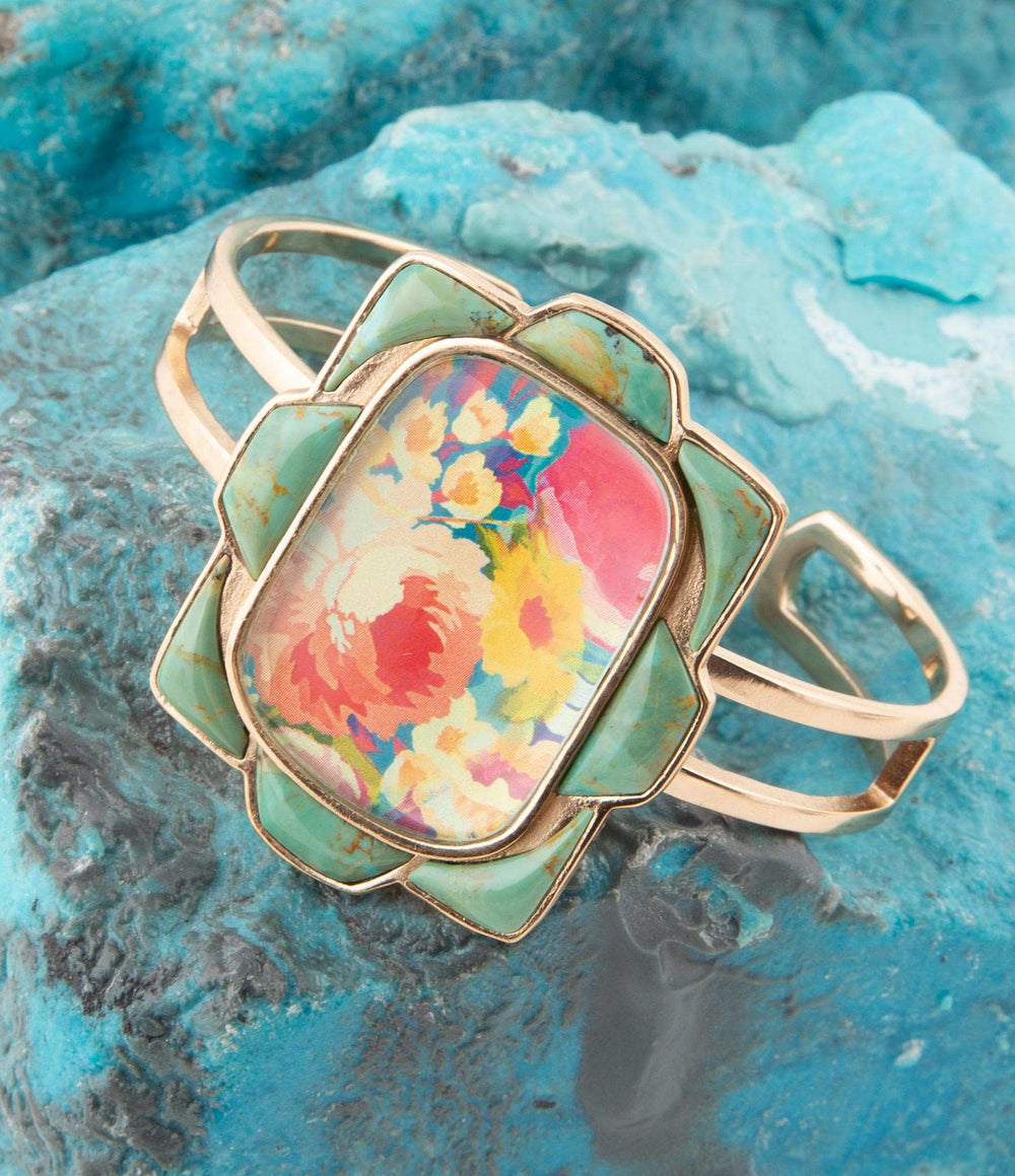 Scenic Floral Blue Turquoise and Golden Cuff Bracelet - Barse Jewelry - Flyclothing LLC