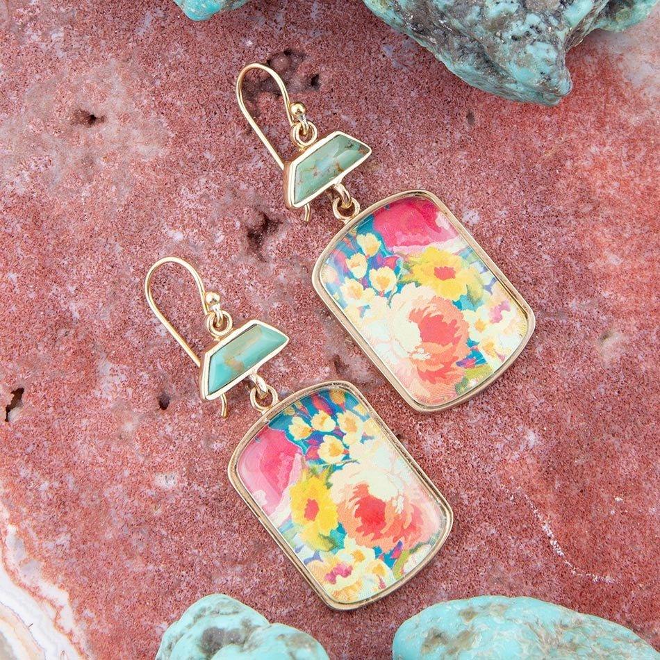 Scenic Floral Blue Turquoise Golden Earrings - Barse Jewelry - Flyclothing LLC