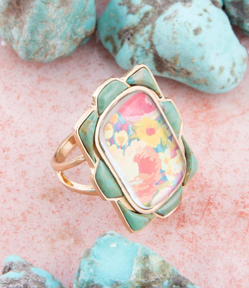 Scenic Floral Blue Turquoise Golden Ring - Barse Jewelry - Flyclothing LLC