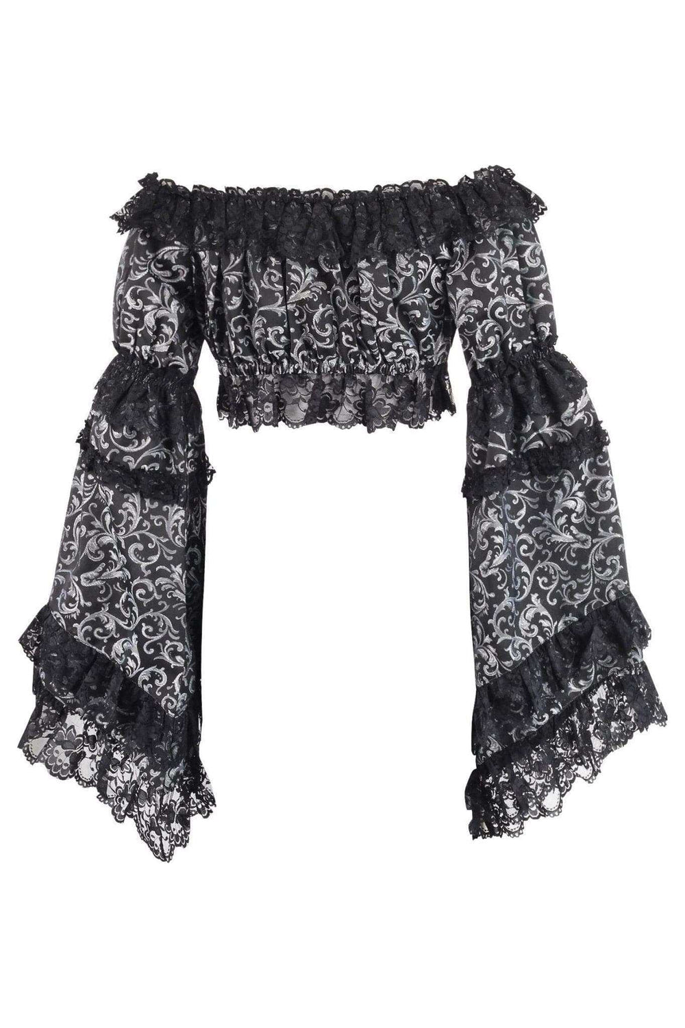 Daisy Corsets Silver/Black Brocade Smocked Flare Sleeve Peasant Top - Daisy Corsets - Flyclothing LLC