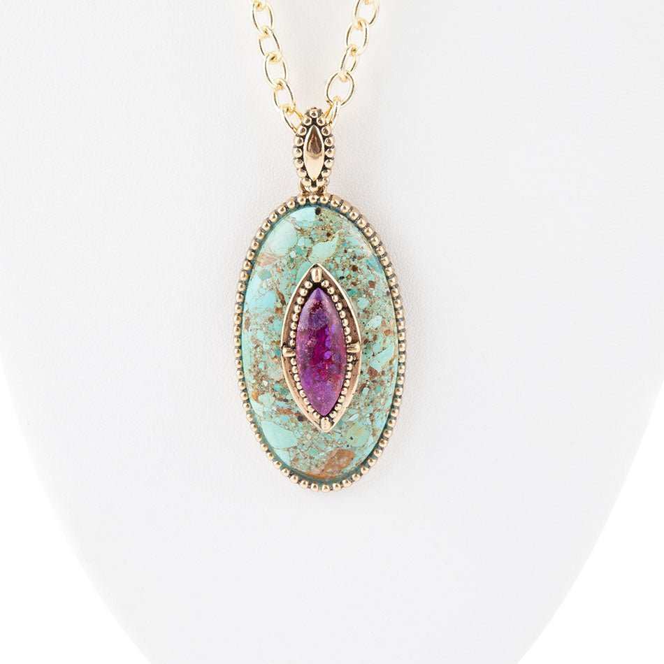 Stacked Stone Blue and Purple Turquoise Golden Pendant Chain Necklace - Barse Jewelry - Flyclothing LLC