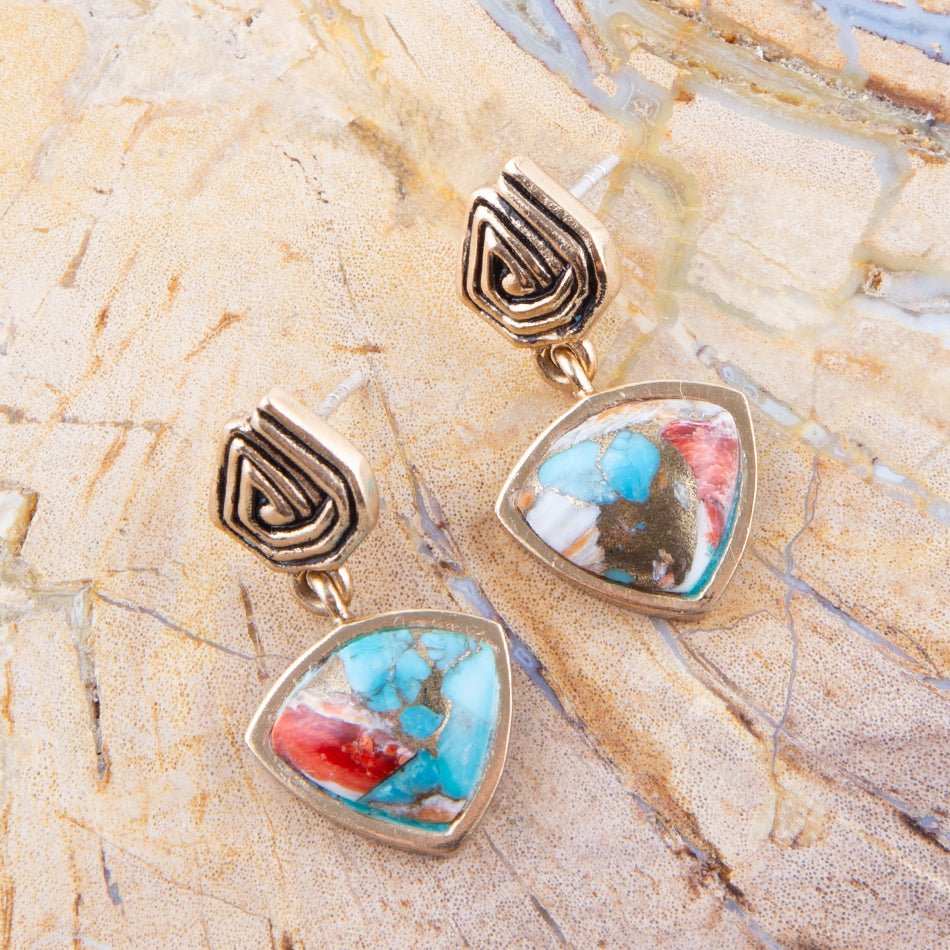 Swirled Blue Turquoise and Orange Sponge Coral Matrix Golden Post Earrings - Barse Jewelry - Flyclothing LLC
