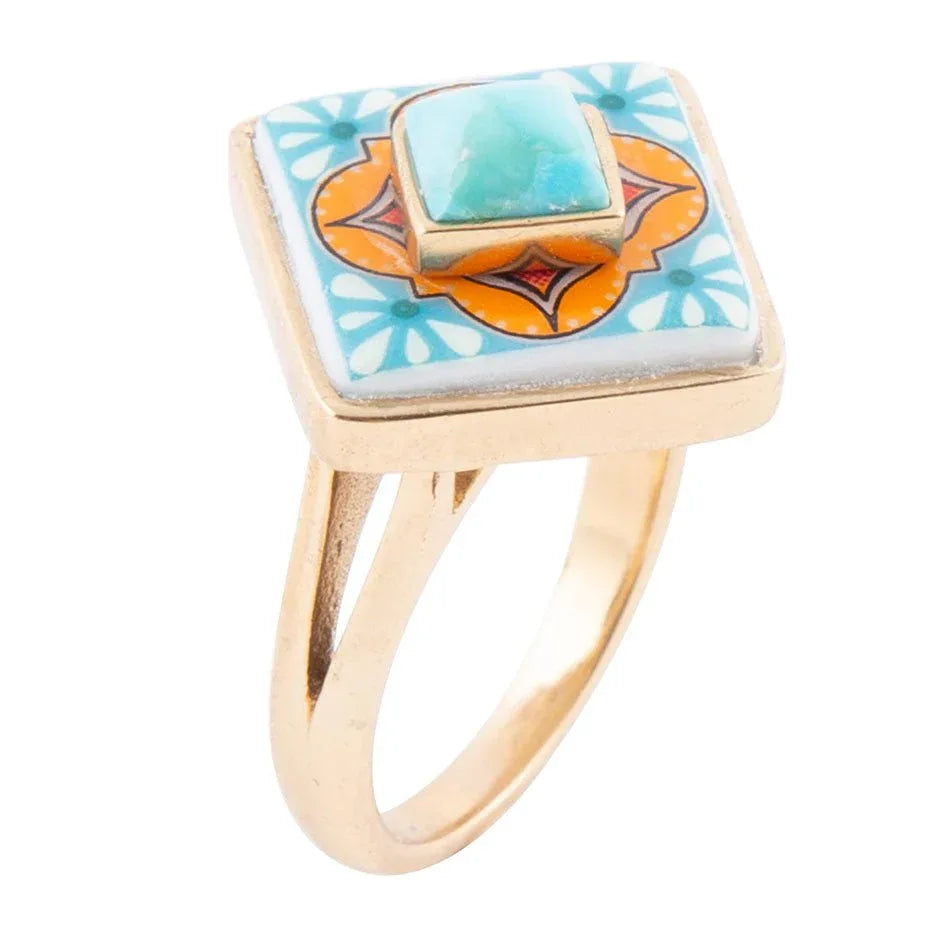 Talavera Tile Blue Turquoise Golden Ring - Barse Jewelry - Flyclothing LLC