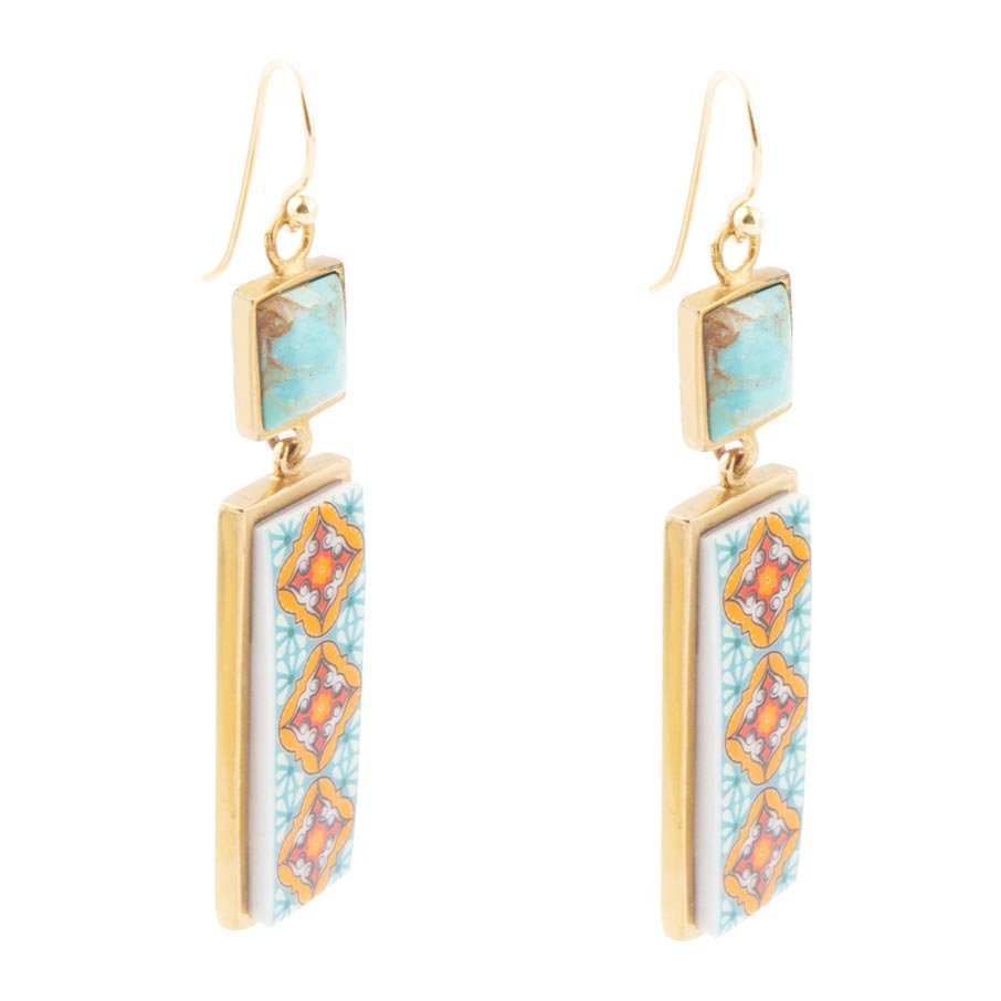 Talavera Tile and Blue Turquoise Golden Dangle Earrings - Barse Jewelry - Flyclothing LLC