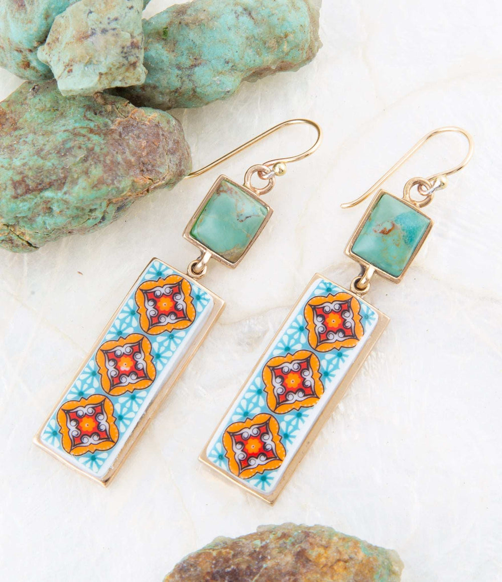 Talavera Tile and Blue Turquoise Golden Dangle Earrings - Barse Jewelry - Flyclothing LLC