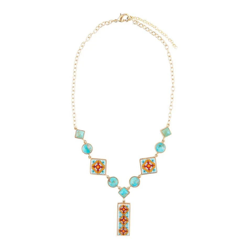 Talavera Tile and Blue Turquoise Golden Y-Neck Necklace - Barse Jewelry - Flyclothing LLC