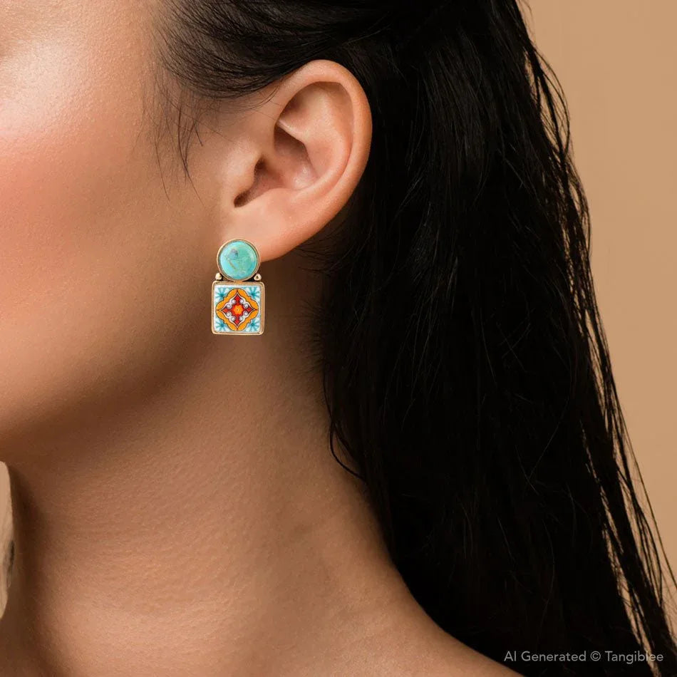 Talavera Tile Blue Turquoise Golden Drop Earrings - Barse Jewelry - Flyclothing LLC