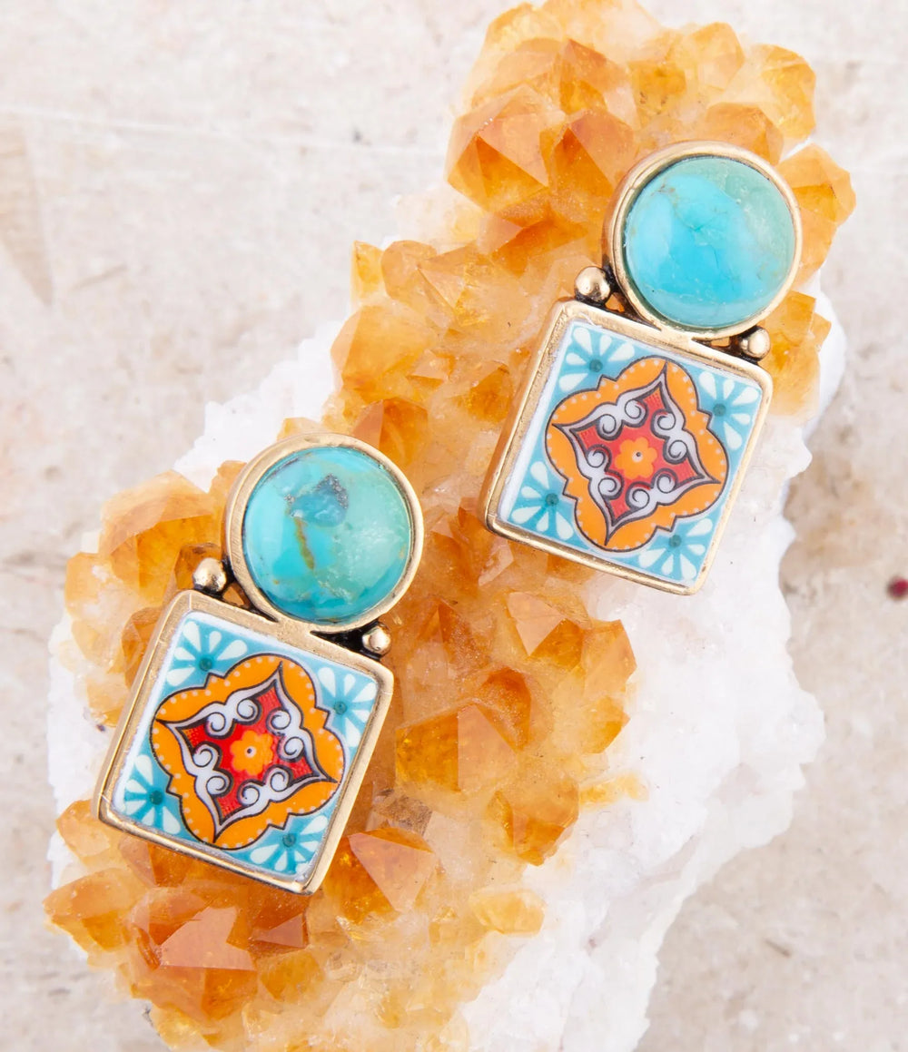 Talavera Tile Blue Turquoise Golden Drop Earrings - Barse Jewelry - Flyclothing LLC