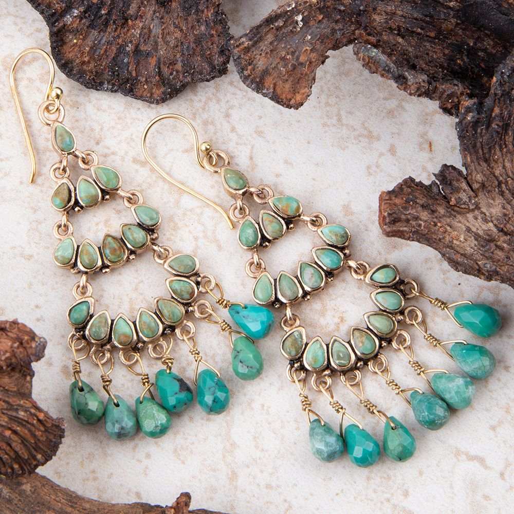 Triple the Blue Turquoise Golden Chandelier Earrings - Barse Jewelry - Flyclothing LLC