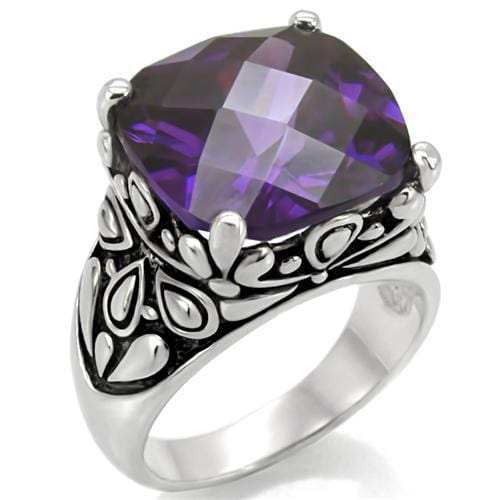 TK016 - High polished (no plating) Stainless Steel Ring with AAA Grade CZ in Amethyst - Alamode - Flyclothing LLC