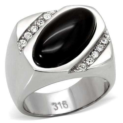 TK02214 - High polished (no plating) Stainless Steel Ring with Semi-Precious Agate in Jet - Alamode - Flyclothing LLC