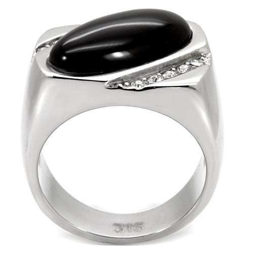 TK02214 - High polished (no plating) Stainless Steel Ring with Semi-Precious Agate in Jet - Alamode - Flyclothing LLC