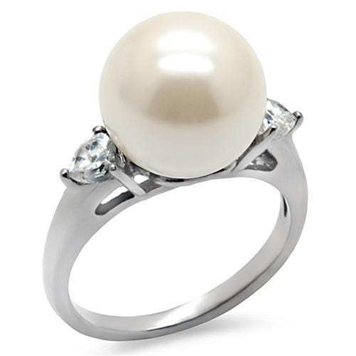 TK090 - High polished (no plating) Stainless Steel Ring with Synthetic Pearl in Aurora Borealis (Rainbow Effect) - Alamode - Flyclothing LLC