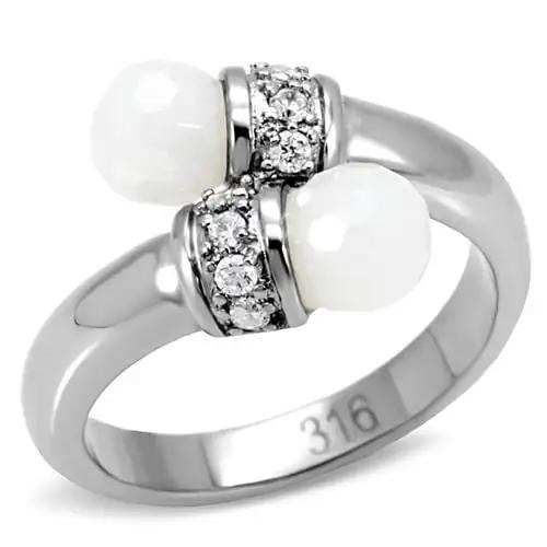 TK101 - High polished (no plating) Stainless Steel Ring with Milky CZ in White - Alamode - Flyclothing LLC