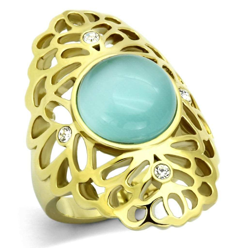 TK1029 - IP Gold(Ion Plating) Stainless Steel Ring with Synthetic Cat Eye in Light Sapphire - Alamode - Flyclothing LLC