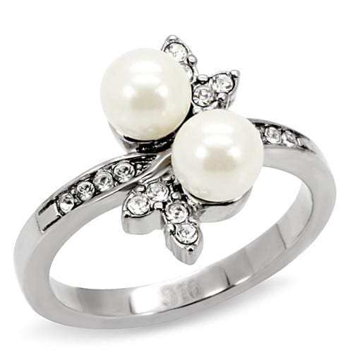 TK116 - High polished (no plating) Stainless Steel Ring with Synthetic Pearl in White - Alamode - Flyclothing LLC