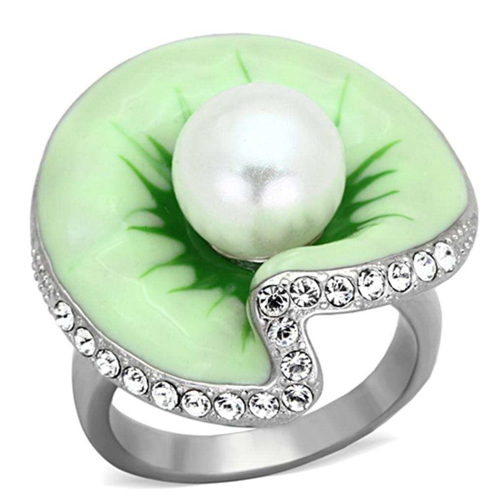 TK1171 - High polished (no plating) Stainless Steel Ring with Synthetic Pearl in White - Alamode - Flyclothing LLC