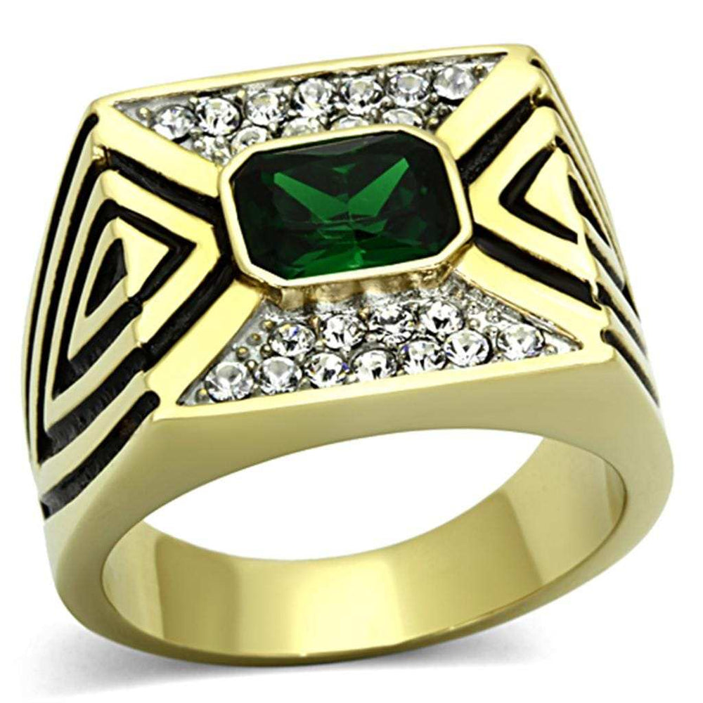 TK1195 - Two-Tone IP Gold (Ion Plating) Stainless Steel Ring with Synthetic Synthetic Glass in Emerald - Alamode - Flyclothing LLC