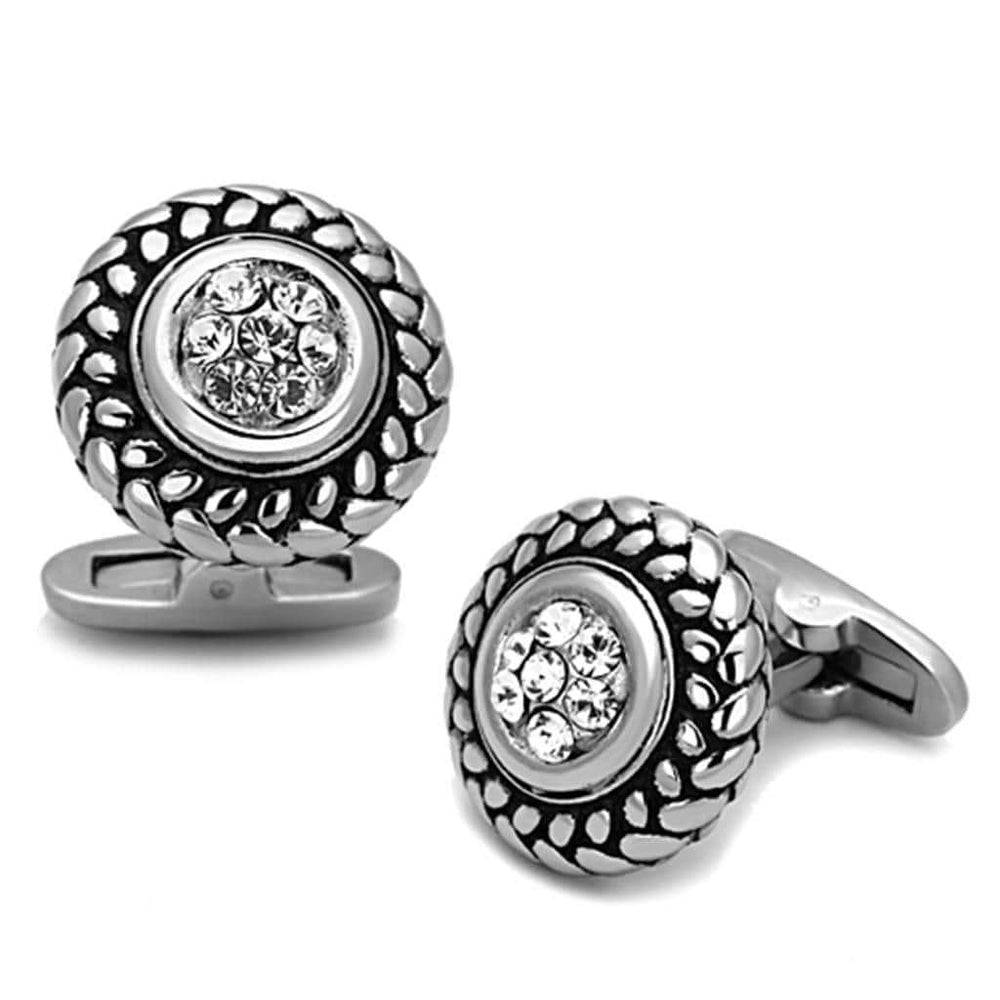 TK1261 - High polished (no plating) Stainless Steel Cufflink with Top Grade Crystal in Clear - Alamode - Flyclothing LLC