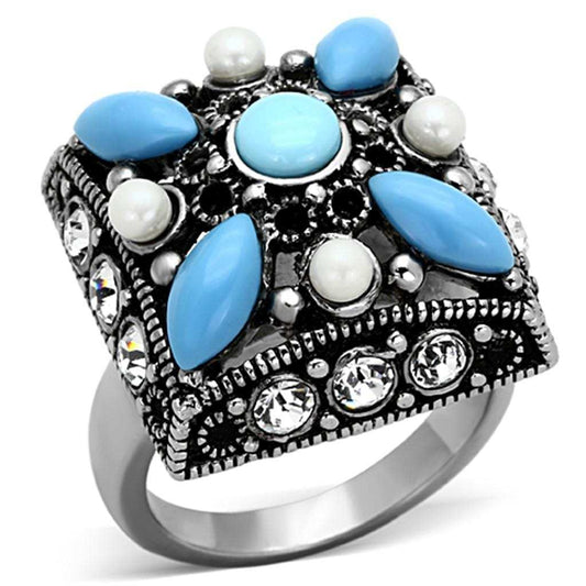 TK1309 - High polished (no plating) Stainless Steel Ring with Synthetic Turquoise in Sea Blue - Alamode - Flyclothing LLC
