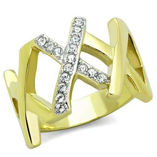 TK1560 - Two-Tone IP Gold (Ion Plating) Stainless Steel Ring with Top Grade Crystal in Clear - Alamode - Flyclothing LLC