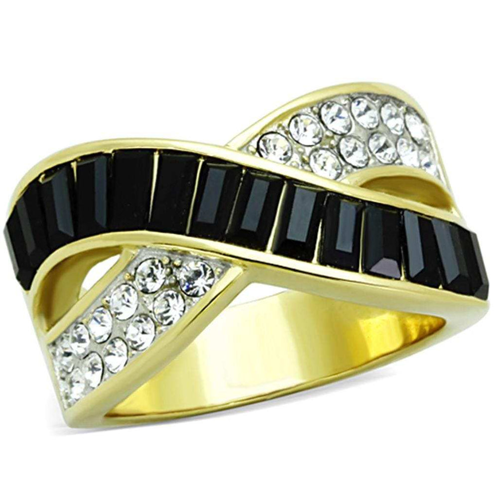 TK1577 - Two-Tone IP Gold (Ion Plating) Stainless Steel Ring with Top Grade Crystal in Jet - Alamode - Flyclothing LLC