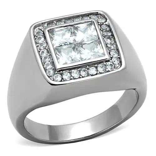 TK1608 - High polished (no plating) Stainless Steel Ring with AAA Grade CZ in Clear - Alamode - Flyclothing LLC