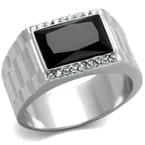 TK1811 - High polished (no plating) Stainless Steel Ring with Synthetic Onyx in Jet - Alamode - Flyclothing LLC