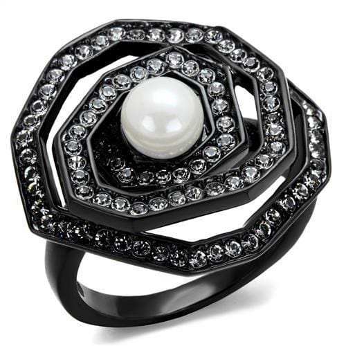 TK1861 - IP Black(Ion Plating) Stainless Steel Ring with Synthetic Pearl in White - Alamode - Flyclothing LLC